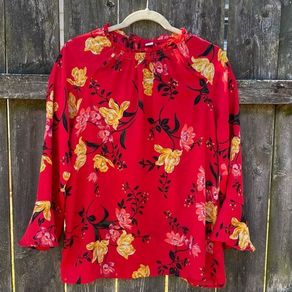 Old Navy Red Floral Bell Sleeve Blouse | M Tall